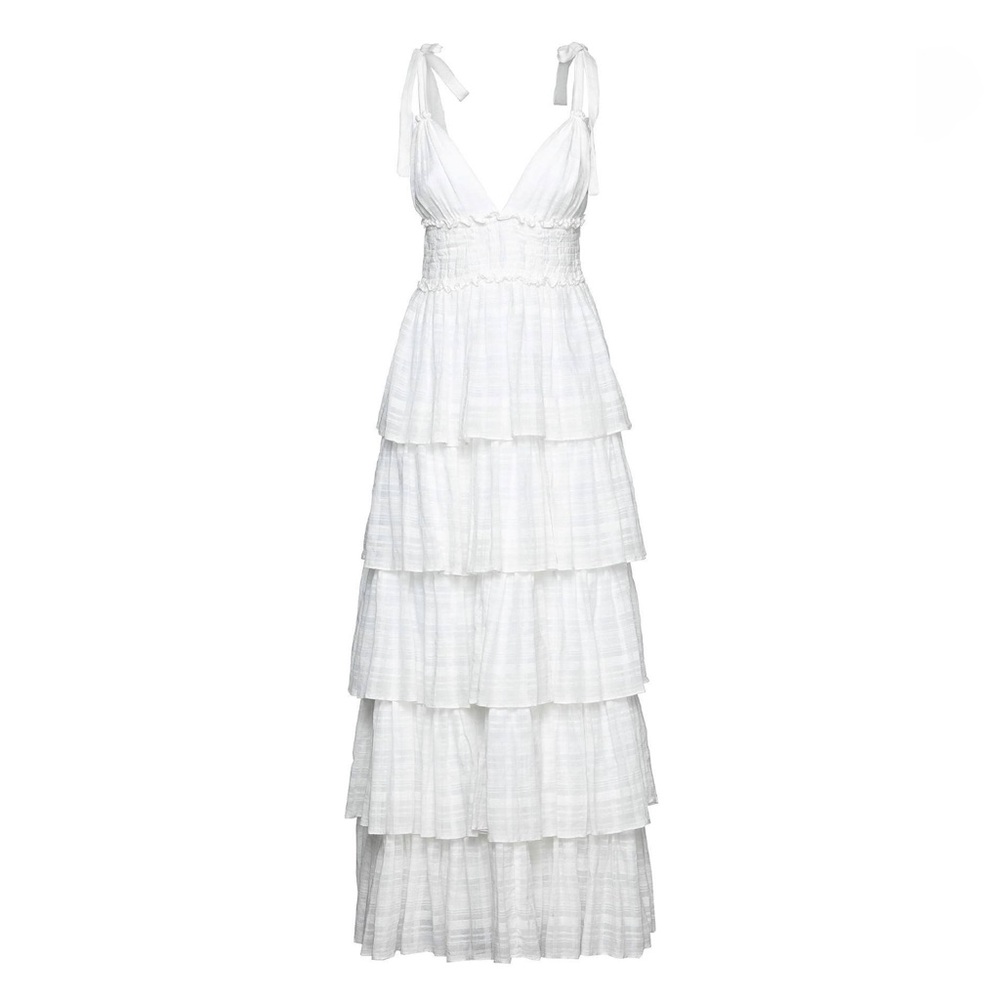 💯 Cotton Italian Brand Nee Elegant White Tiered Maxi Dress